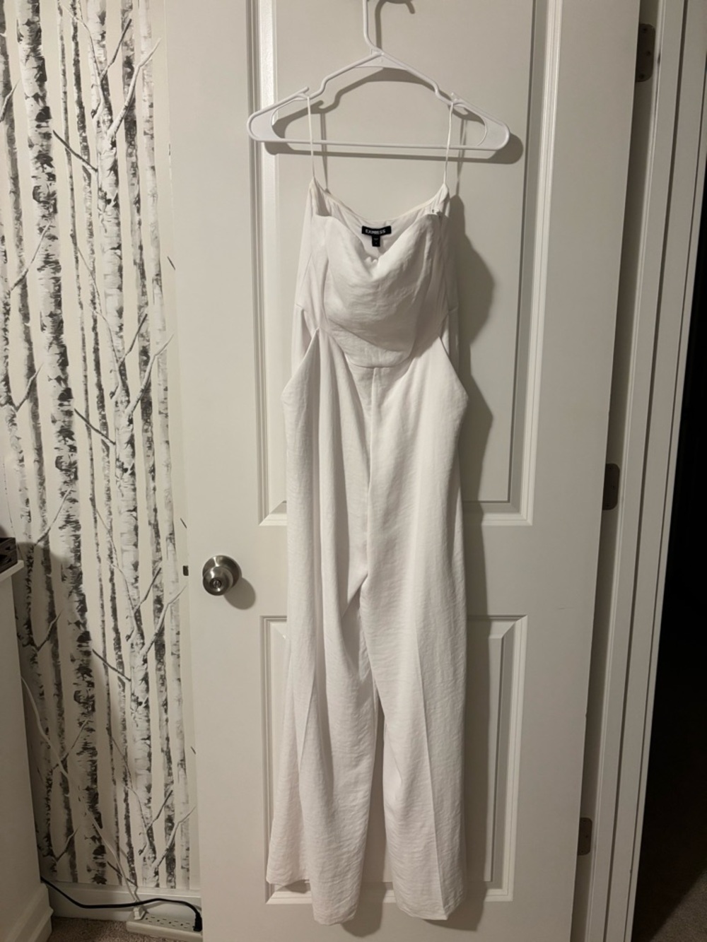 Express White Draped Bust Strapless Wide-Leg Jumpsuit
